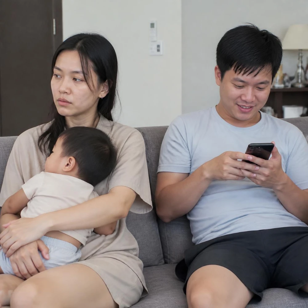 Khoảng cách cảm xúc giữa vợ chồng khi áp lực chăm con khiến cả hai thiếu sự thấu hiểu. (Ảnh được tạo bởi AI) 