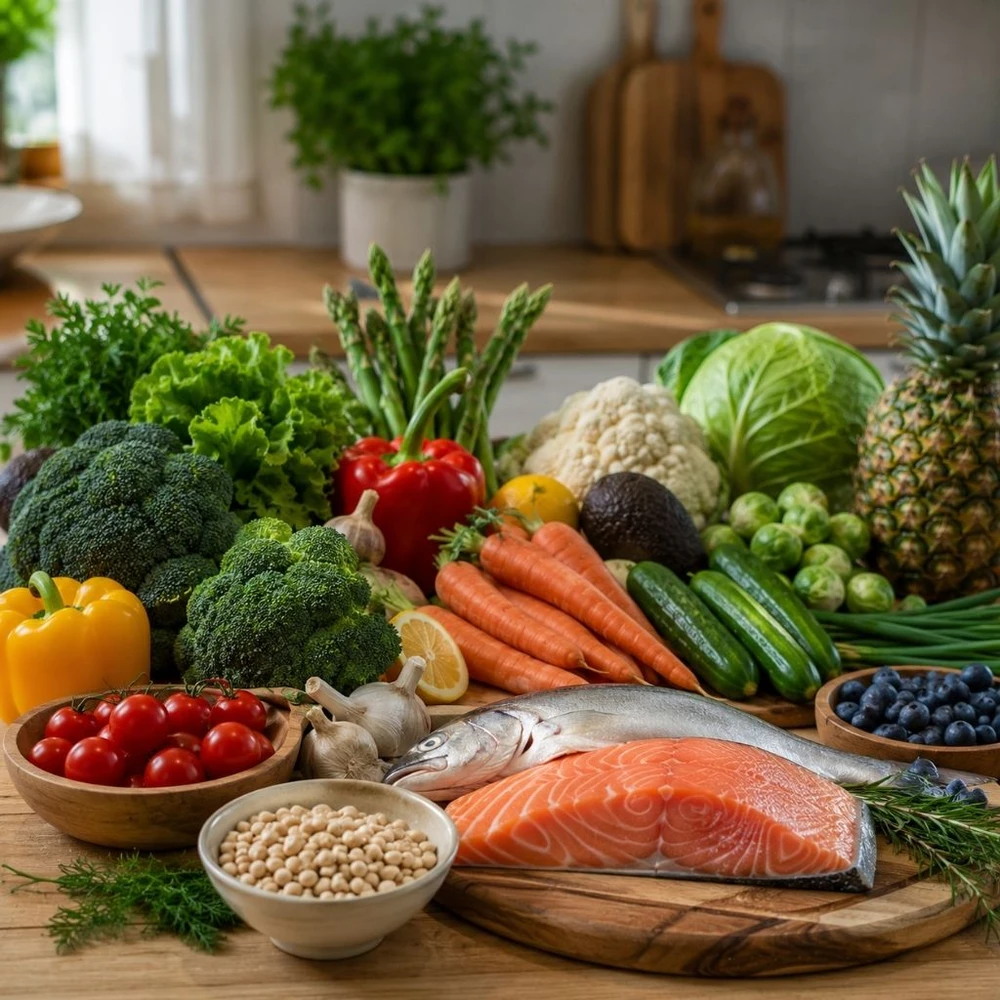 Rau củ quả tươi và cá tươi trên bàn bếp, thực phẩm tươi cho gia đình nhiều thế hệ. (Ảnh được tạo bởi AI)