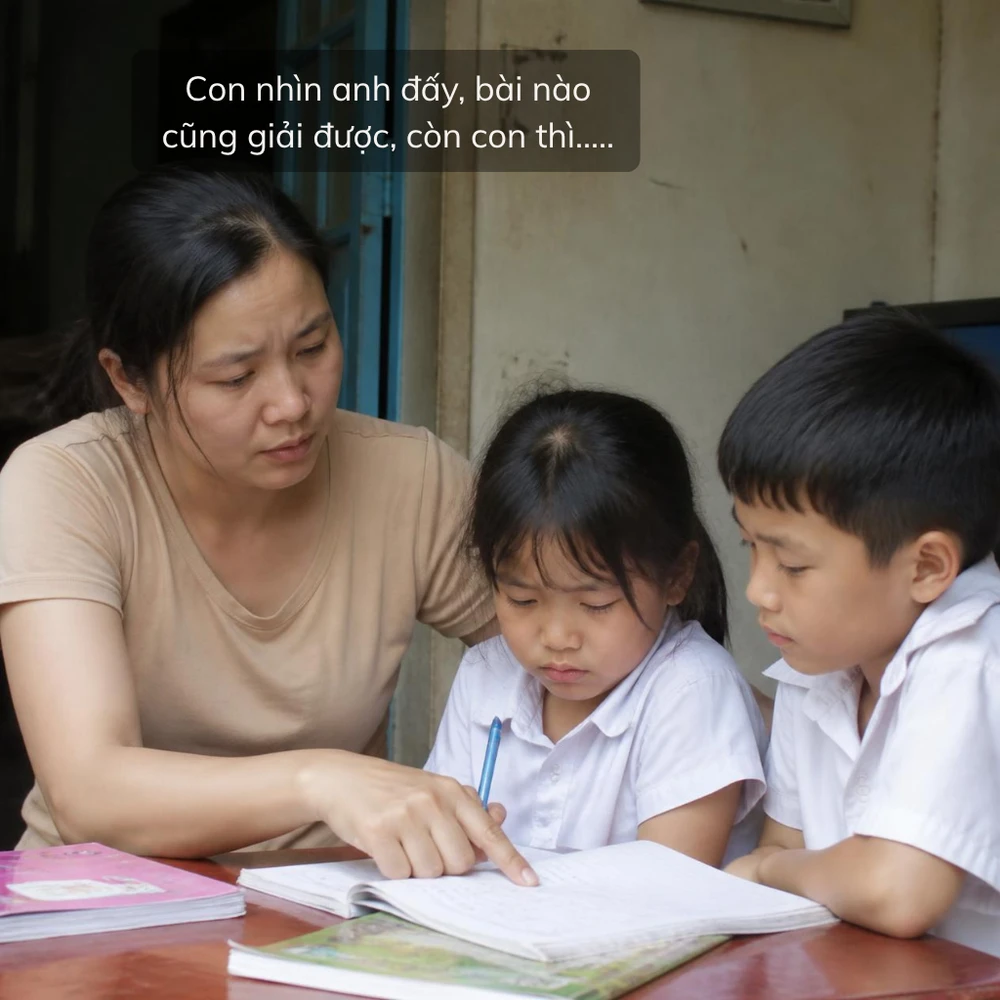 Trẻ mất tự tin và nản chí vì bị cha mẹ so sánh với người khác. (Ảnh được tạo bởi AI) 