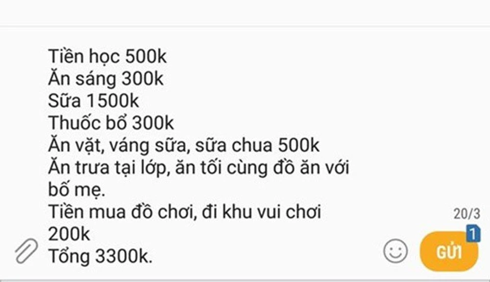 Bảng thống kê chi tiêu cho bé 2 tuổi sinh sống ở quê đã hết 3,3 triệu đồng. (Nguồn: Internet)