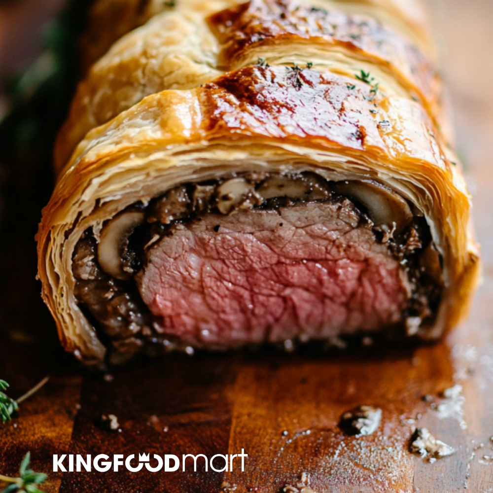 Bò Wellington cắt lát, nhân thăn bò hồng hào bên trong lớp bánh vàng óng.