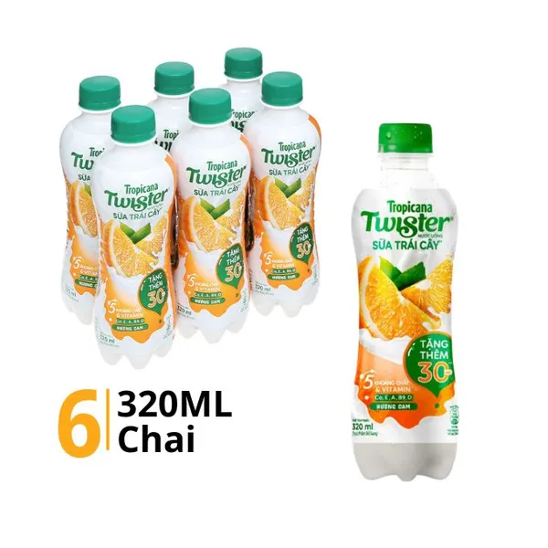 Lốc 6 chai nước uống sữa trái cây Twister hương cam 320ml