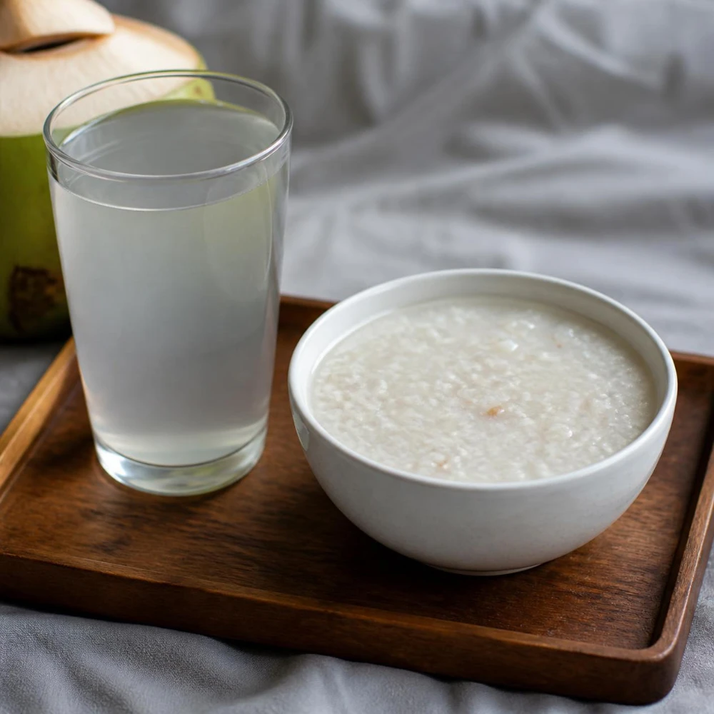 Nước dừa và cháo loãng giúp bù nước, bù điện giải cho người sốt xuất huyết. (Ảnh được tạo bởi AI)