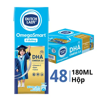 Thùng 48 hộp sữa tươi tiệt trùng Omegasmart Dutch Lady ít đường 180ml