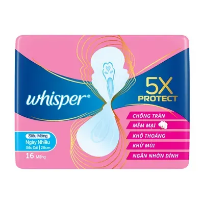 Băng vệ sinh 5X Protect ngày nhiều siêu mỏng cánh 28cm 16 miếng Whisper