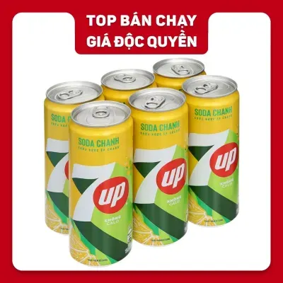 Lốc 6 lon nước ngọt 7Up soda chanh không calo 320ml