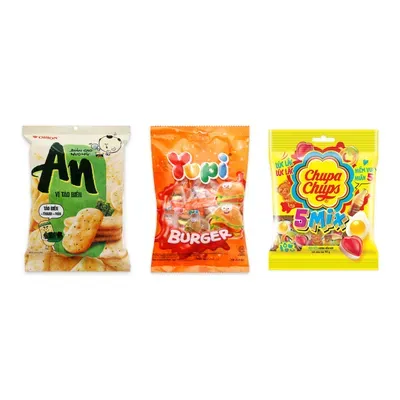 Combo Bánh gạo An vị tảo biển Orion + Kẹo dẻo mini burger Yupi + Kẹo dẻo hương hỗn hợp Chupa Chups