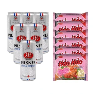 Combo 6 lon bia 333 Pilsner 4.3% 330ml và 6 gói mì Hảo Hảo tôm chua cay 75g