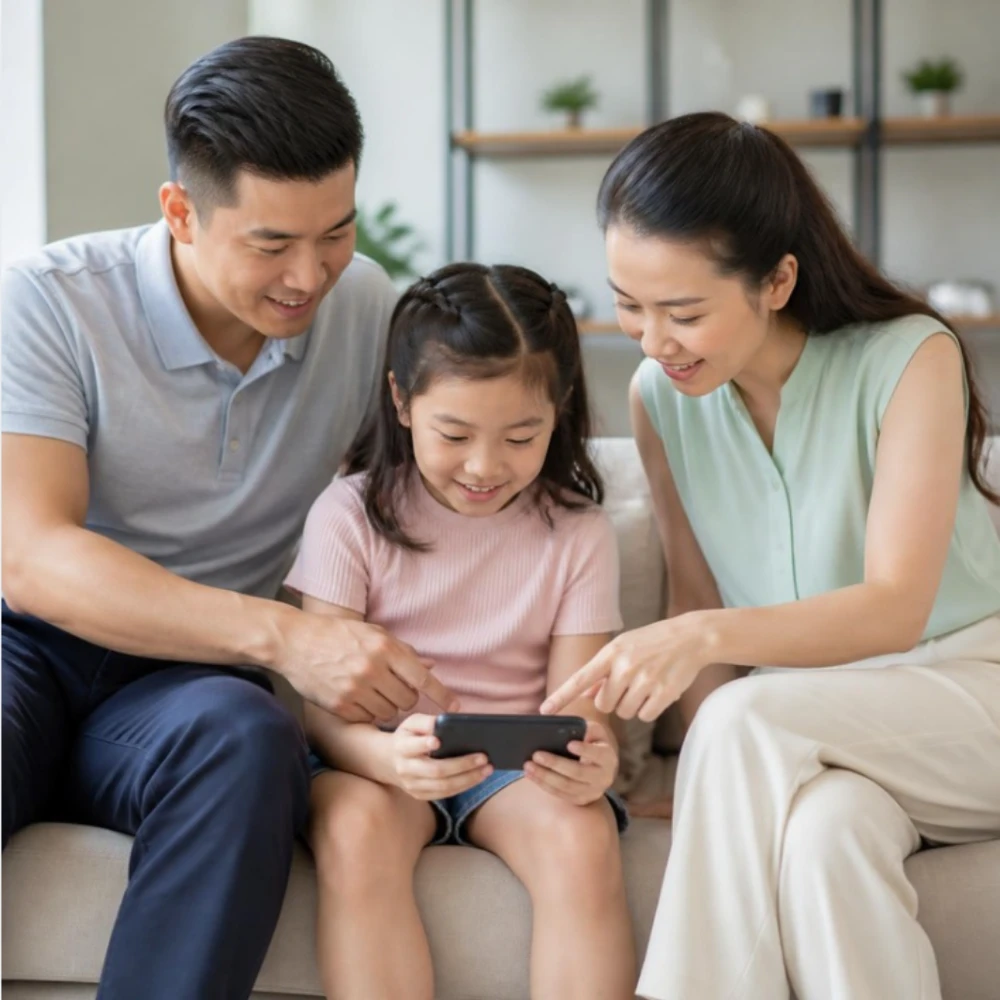 Trẻ 6-9 tuổi sử dụng điện thoại thông minh theo quy tắc rõ ràng để rèn luyện thói quen công nghệ lành mạnh. (Ảnh được tạo bởi AI)