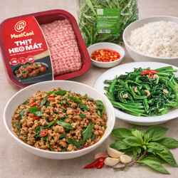 Combo cơm nhà 50k: Thịt băm xào lá quế & Rau muống luộc/xào tỏi