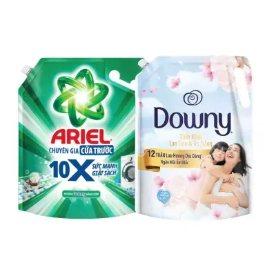 Combo nước giặt Ariel cửa trước 10x hương Downy nắng sớm 2.7kg và Nước xả vải tinh khôi lan tiên & trà trắng 2.3L
