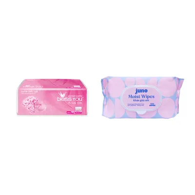 Combo Khăn giấy rút soft pack Bless You 2 lớp gói 250 tờ + Khăn ướt vải trơn không mùi Juno gói 100 tờ