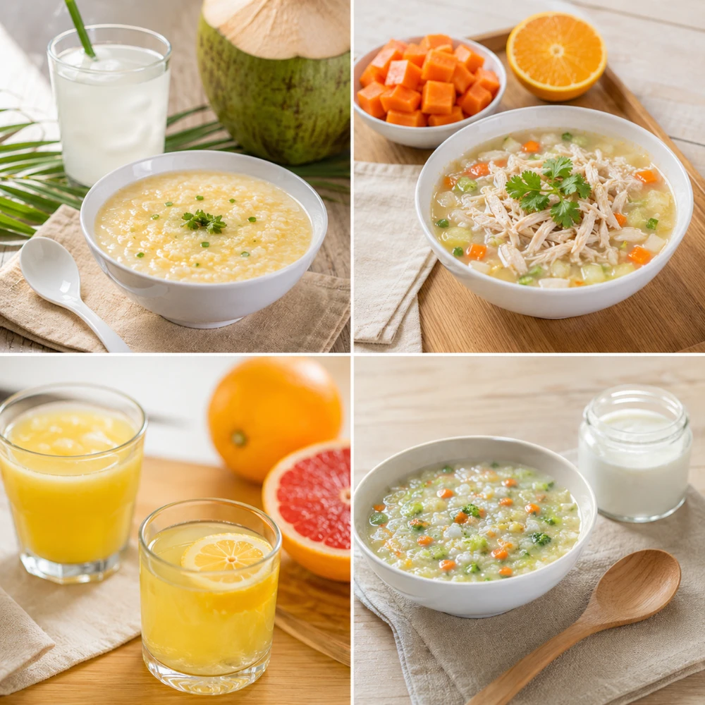 Gợi ý thực đơn các món ăn thanh đạm và dễ tiêu hóa trong ngày cho người bệnh sốt xuất huyết. (Ảnh được tạo bởi AI)