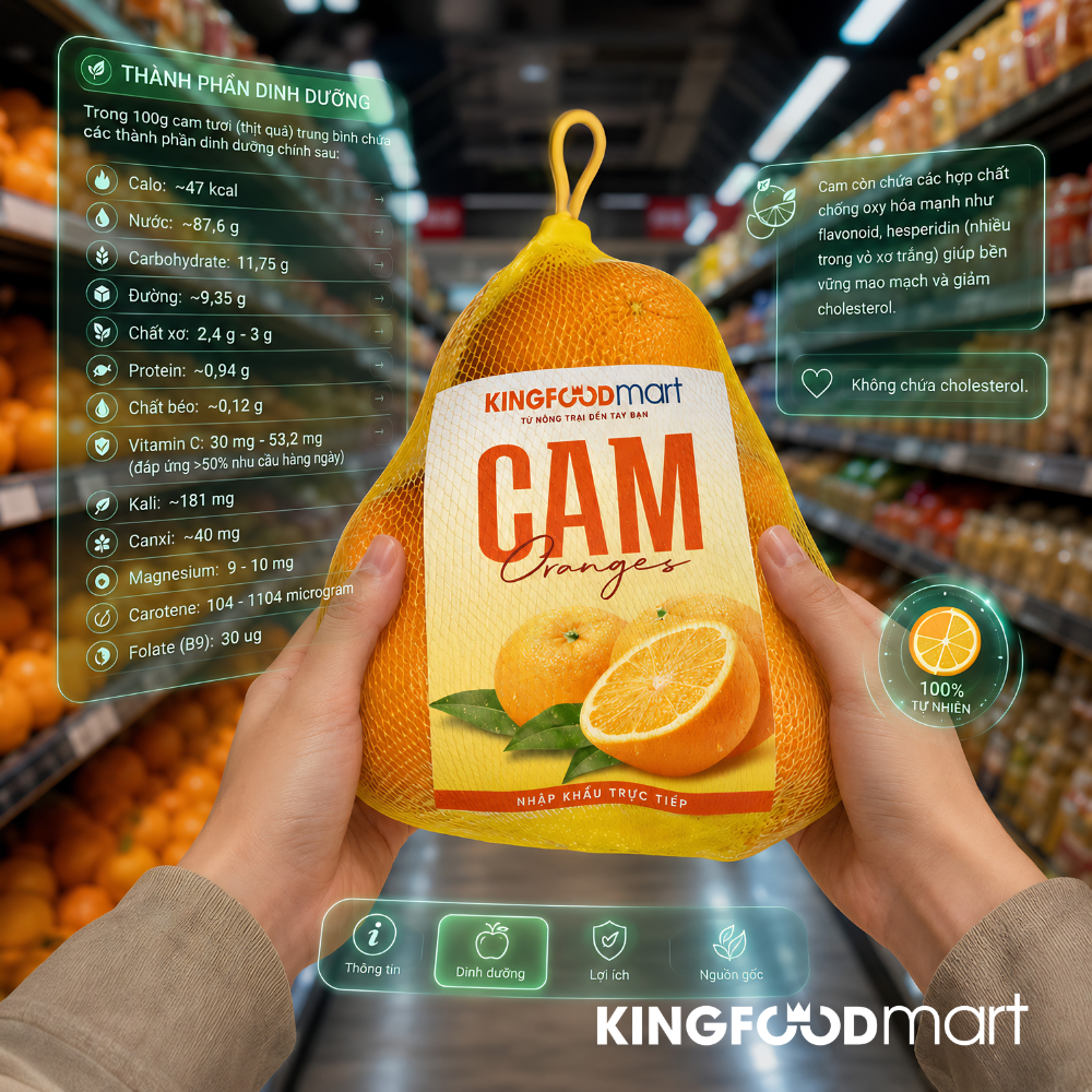 Bảng thành phần giá trị dinh dưỡng trong 100g cam tươi bao gồm Vitamin C, chất xơ và khoáng chất.
