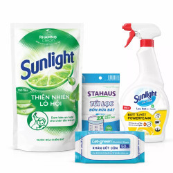 Combo bếp sạch: Nước rửa chén Sunlight 720g, nước lau bếp Sunlight 500ml, Túi lọc bồn rửa bát Stahaus 100 cái và khăn ướt cồn Letgreen 50 miếng
