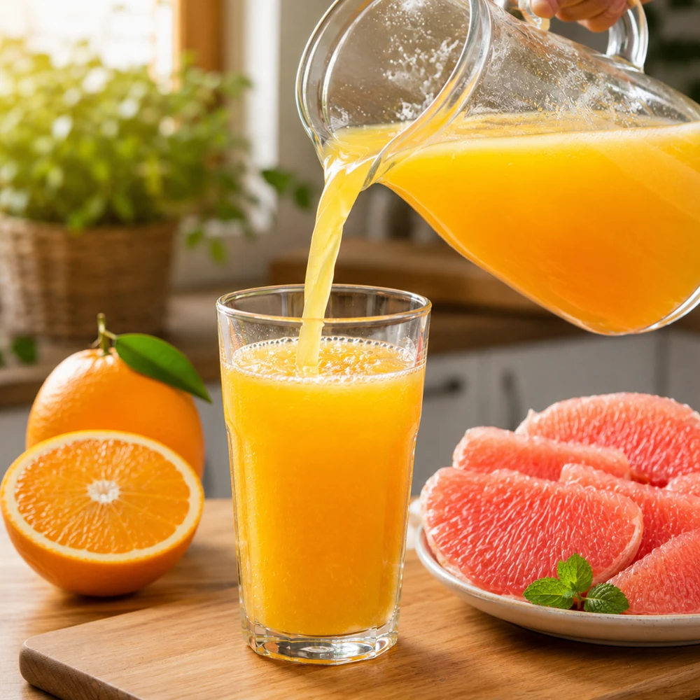 Nước cam, nước bưởi là nước ép cho người sốt xuất huyết được ưu tiên hàng đầu. (Ảnh được tạo bởi AI)