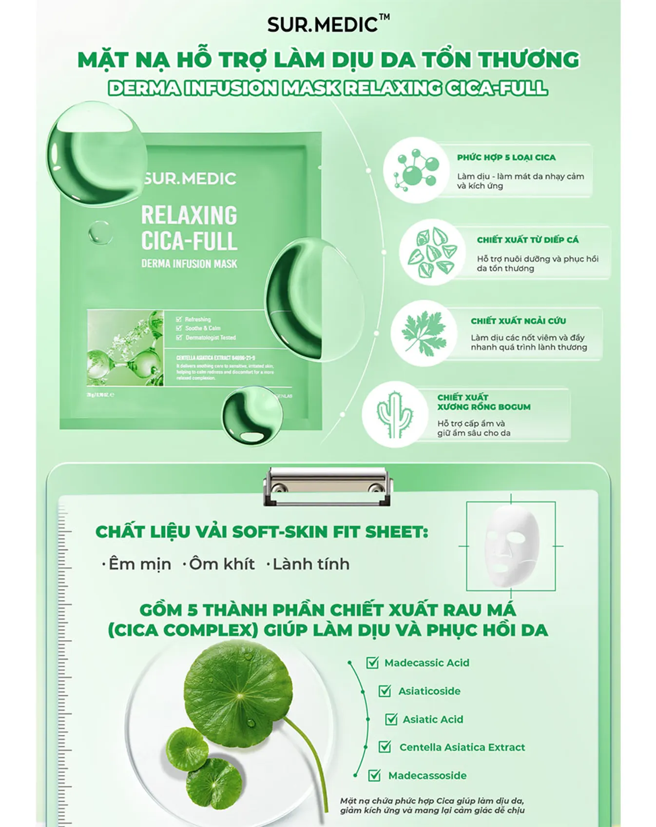 Mặt Nạ Sur.Medic Relaxing Cica-Full Derma Infusion Mask 28g - Image 3