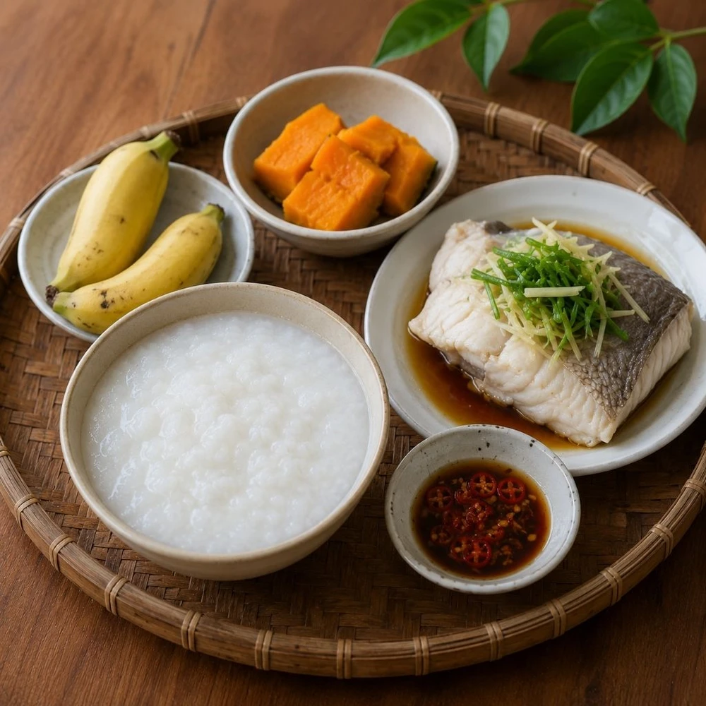 Thực đơn mềm dễ tiêu trong ngày cân bằng giữa tinh bột, đạm và rau củ. (Ảnh được tạo bởi AI)