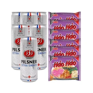 Combo 6 lon bia 333 Pilsner 4.3% 330ml và 6 gói mì Hảo Hảo sa tế hành tím