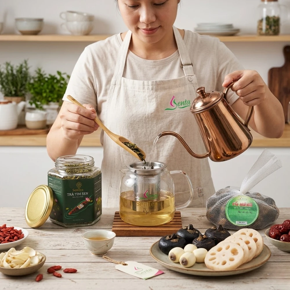 Người dùng đang pha trà sen và chuẩn bị món ăn healthy từ hạt sen, củ sen.