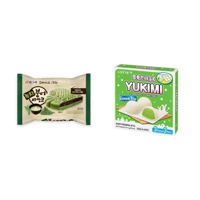 Combo Kem bánh cá trà xanh Binggrae gói 150ml (1 Gói) + Kem Yukimi Daifuku trà xanh Lotte hộp 270ml