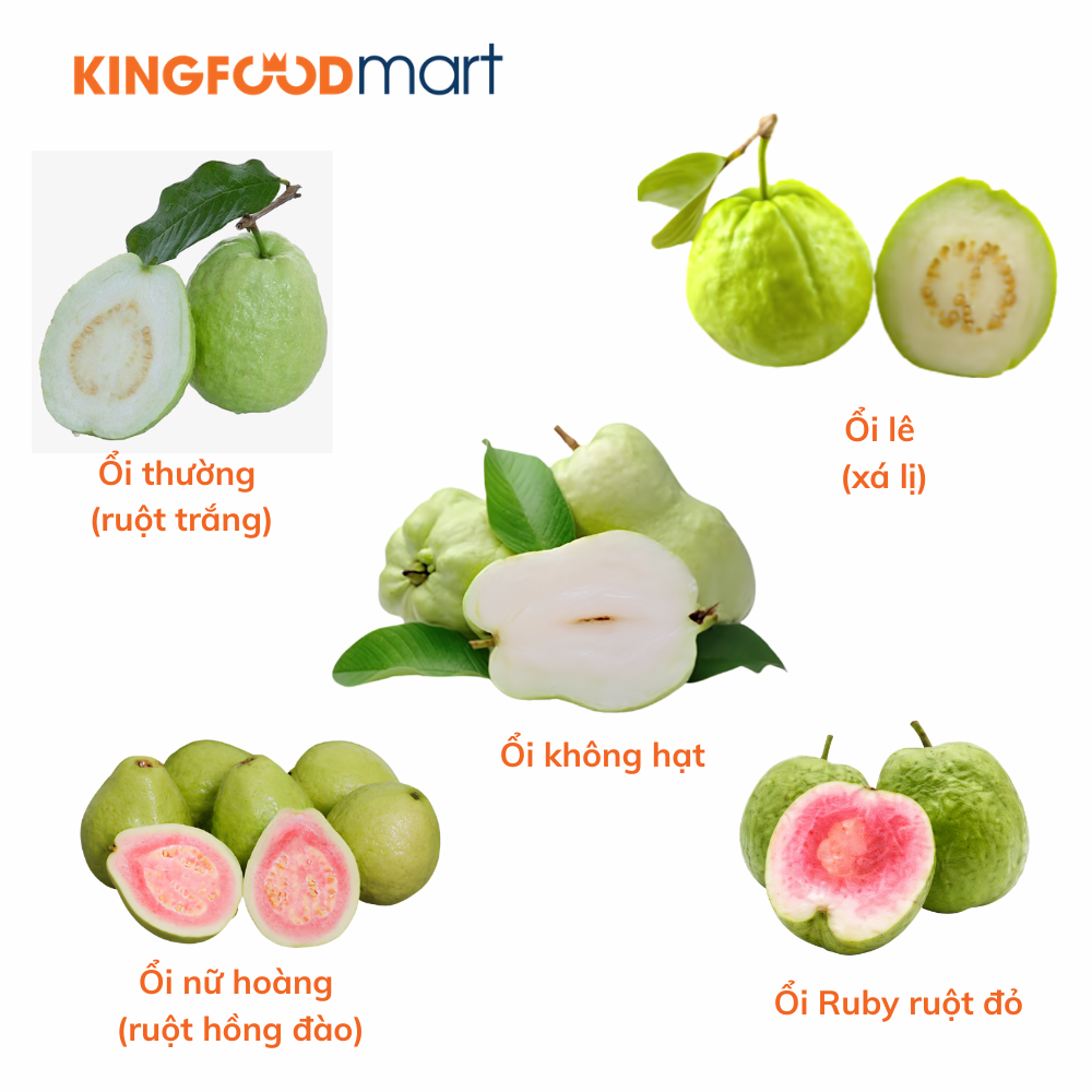 So sánh hương vị ổi thường, ổi lê, ổi không hạt, ổi nữ hoàng và ổi ruby.