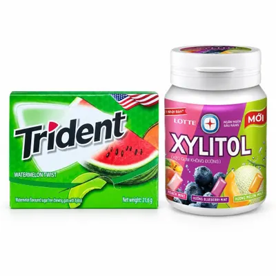 Combo Kẹo gum không đường vị dưa hấu Trident + Kẹo Gum không đường hương trái cây hỗn hợp Lotte Xylitol hũ
