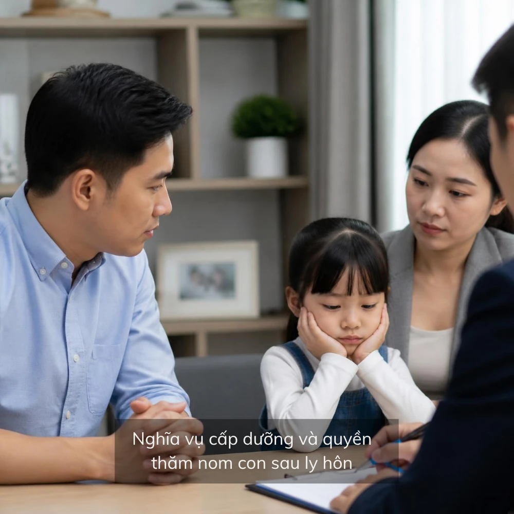 Nghĩa vụ cấp dưỡng và quyền thăm nom con sau ly hôn. (Ảnh được tạo bởi AI)