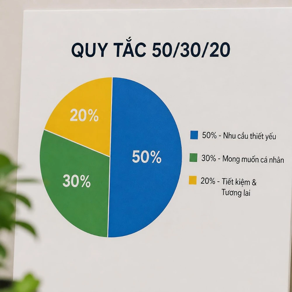 Quy tắc công thức kinh điển 50/30/20 giúp gia đình bạn vừa sống thoải mái, vừa tích lũy an toàn cho tương lai. (Ảnh được tạo bởi AI) 