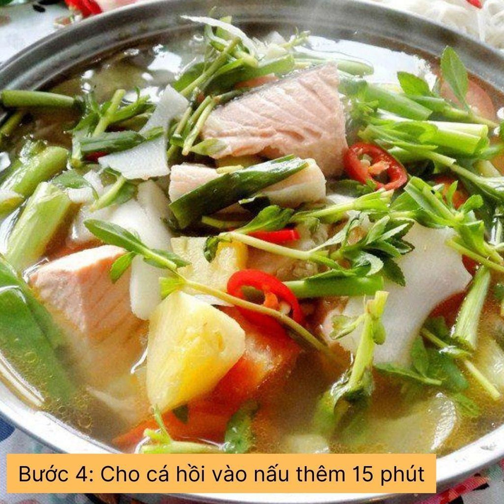 cho thêm cá hồi vào nấu thêm 15 phút