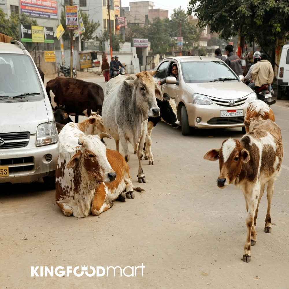 Bò tự do đi lại trên đường phố Ấn Độ là biểu tượng thiêng liêng trong văn hóa Hindu giải thích tại sao không ăn thịt bò ở quốc gia này.
