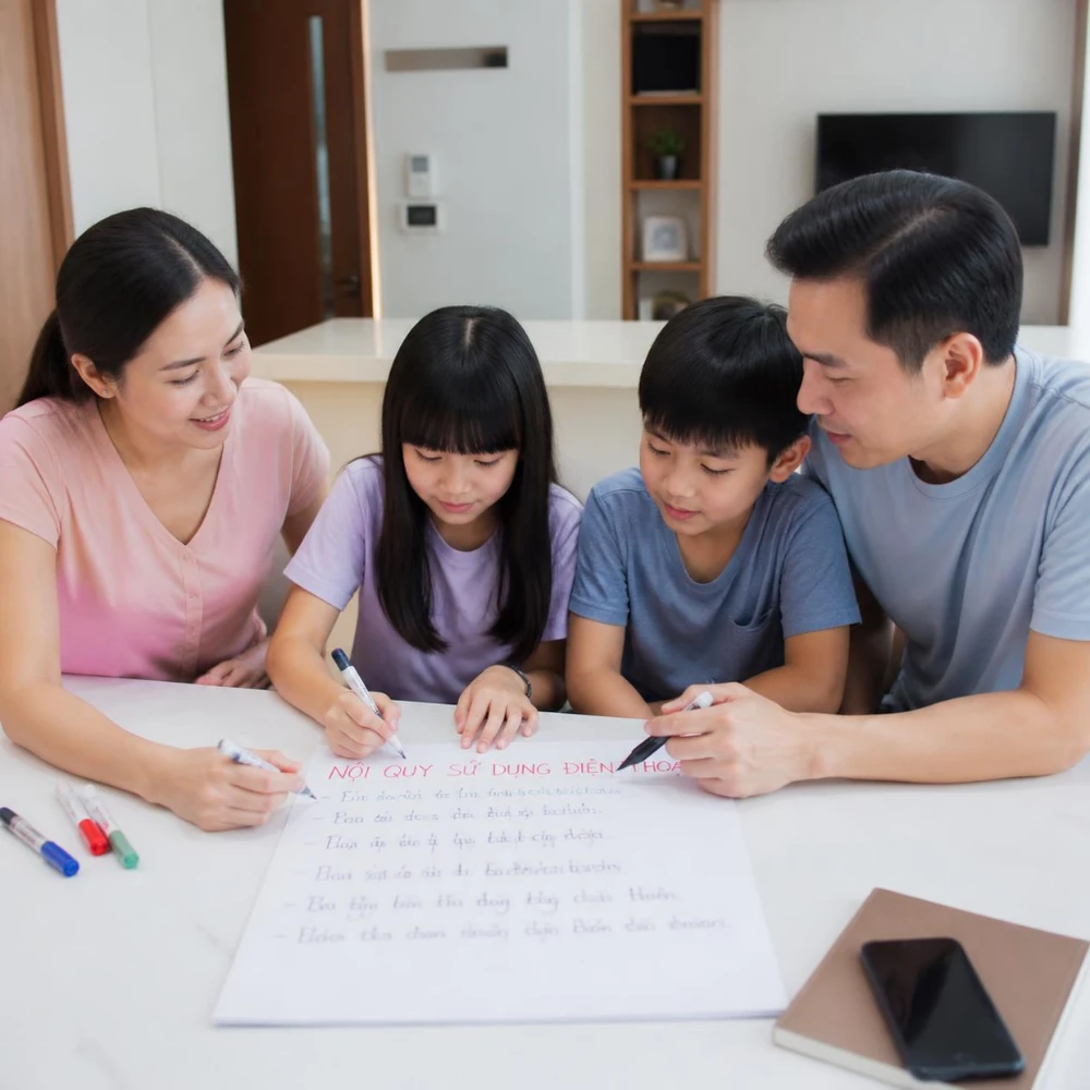 Gia đình cùng thảo luận thỏa thuận sử dụng điện thoại cho trẻ. (Ảnh được tạo bởi AI)