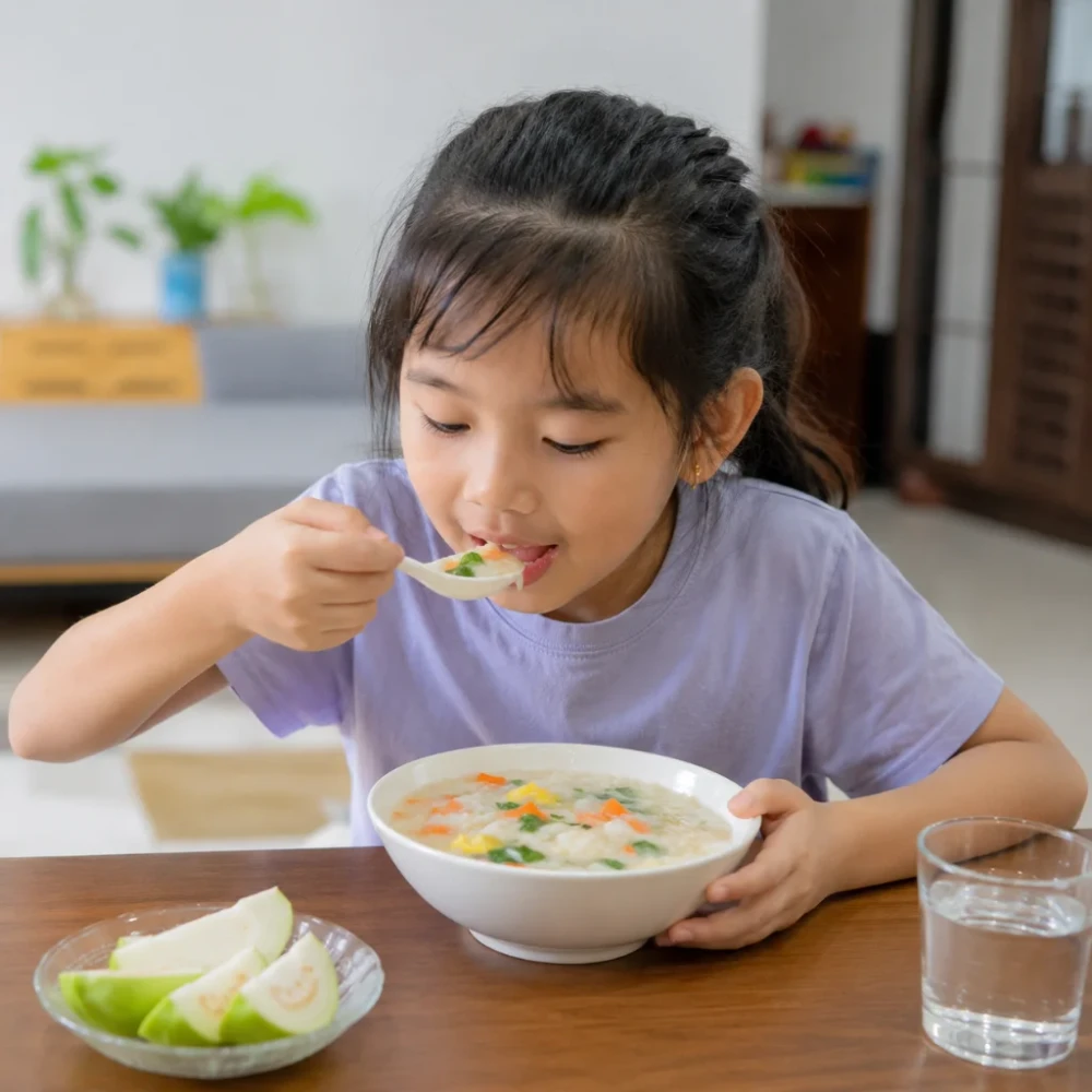Học sinh tiểu học ăn sáng với bát cháo dinh dưỡng đầy màu sắc. (Ảnh được tạo bởi AI)