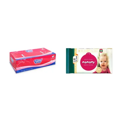 Combo Khăn giấy lụa 2 lớp Pulppy hộp 180 tờ + Khăn ướt vệ sinh không mùi Mamamy gói 100 tờ