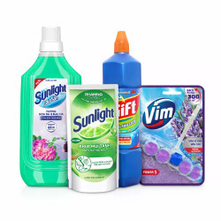 Combo tổng vệ sinh nhà cửa: nước lau sàn Sunlight 1kg , nước rửa chén sunlight 720g, nước tẩy rửa nhà tắm Gift 900ml, Viên vệ sinh bồn cầu Vim vỉ 50g