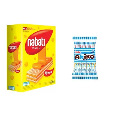 Combo Bánh kem xốp phô mai Nabati hộp 20 gói x 15g (1 Hộp) + Snack que Akiko nhân sữa Oishi gói 140g