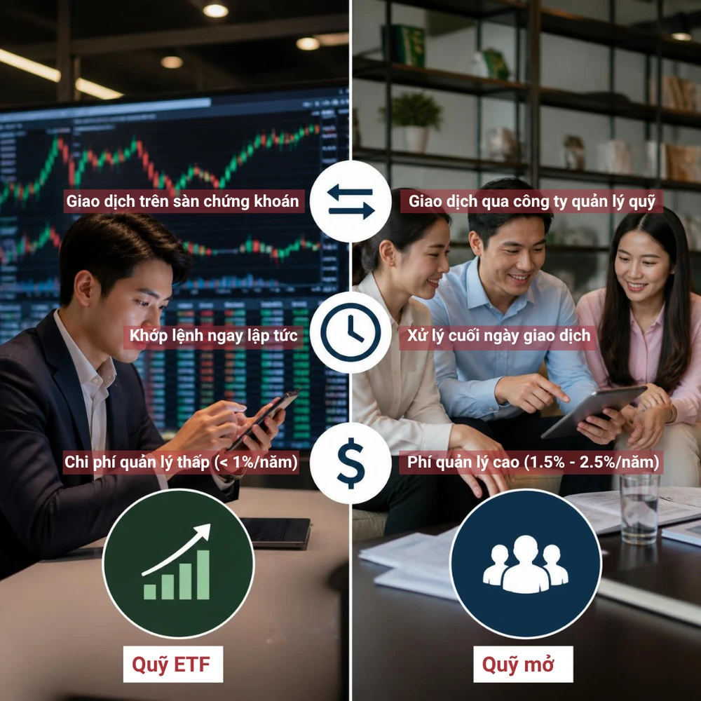 ETF và quỹ mở đều giúp đa dạng hóa danh mục, nhưng khác nhau về cách giao dịch, chi phí và mức độ chủ động của nhà đầu tư. (Ảnh được tạo bởi AI)