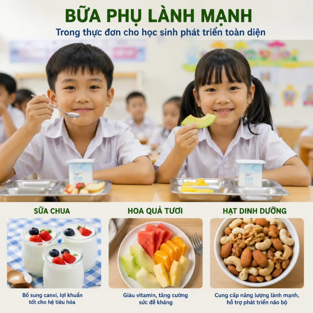 Bữa phụ lành mạnh trong thực đơn cho học sinh phát triển toàn diện.  (Ảnh được tạo bởi AI)