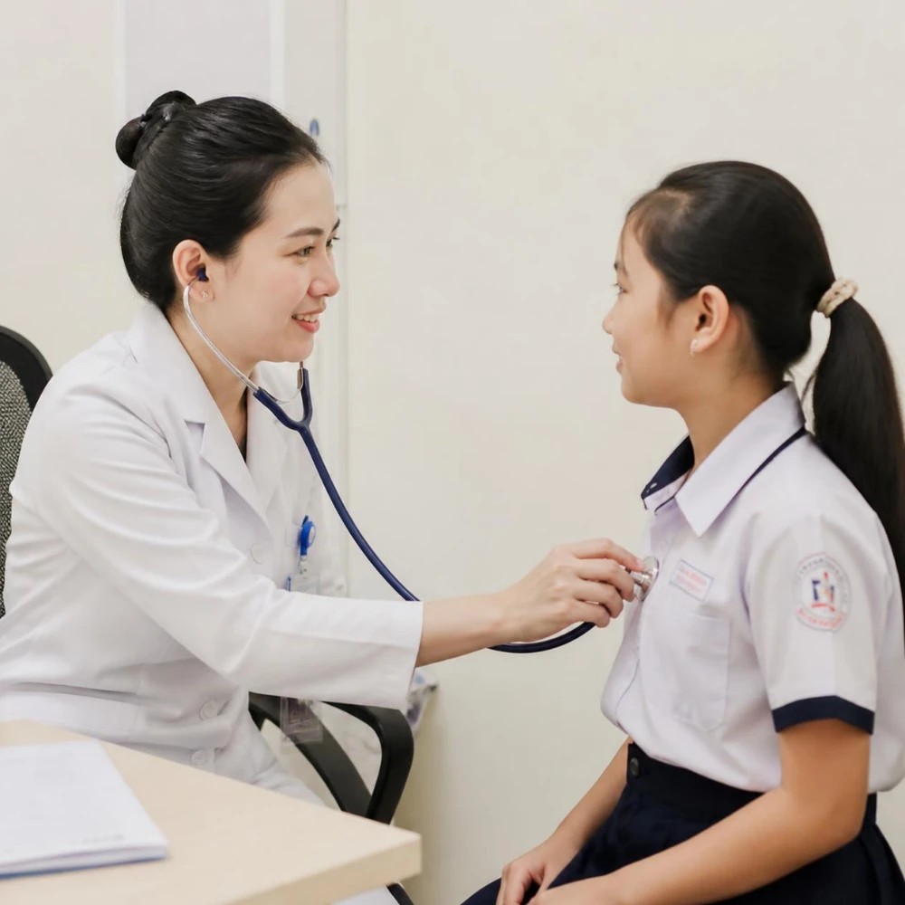 Trẻ đang được bác sĩ thăm khám và kiểm tra sức khỏe tổng quát tại phòng khám. (Ảnh được tạo bởi AI)