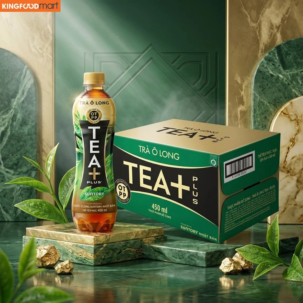 Trà Ô Long Tea Plus đóng thùng tiện lợi, phù hợp cho gia đình và những buổi tụ tập bạn bè.