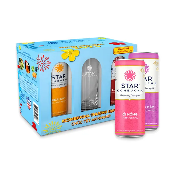Trà lên men bổ sung lợi khuẩn Star Kombucha hộp 6 lon x 250ml + ly