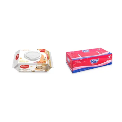 Combo Khăn ướt lau sạch dưỡng ẩm Huggies gói 72 miếng + Khăn giấy lụa 2 lớp Pulppy hộp 180 tờ