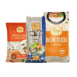 Combo nuffam: Hủ tiếu 250g, bún tươi khô 400g, nui gạo ống dài 350g