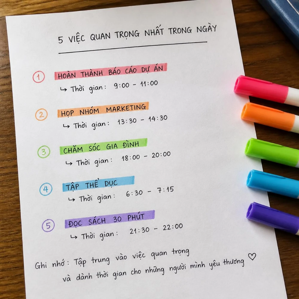 Quản lý thời gian hiệu quả bắt đầu từ danh sách 5 việc ưu tiên sẽ tác động lớn đến cân bằng công việc và gia đình. (Ảnh được tạo bởi AI)