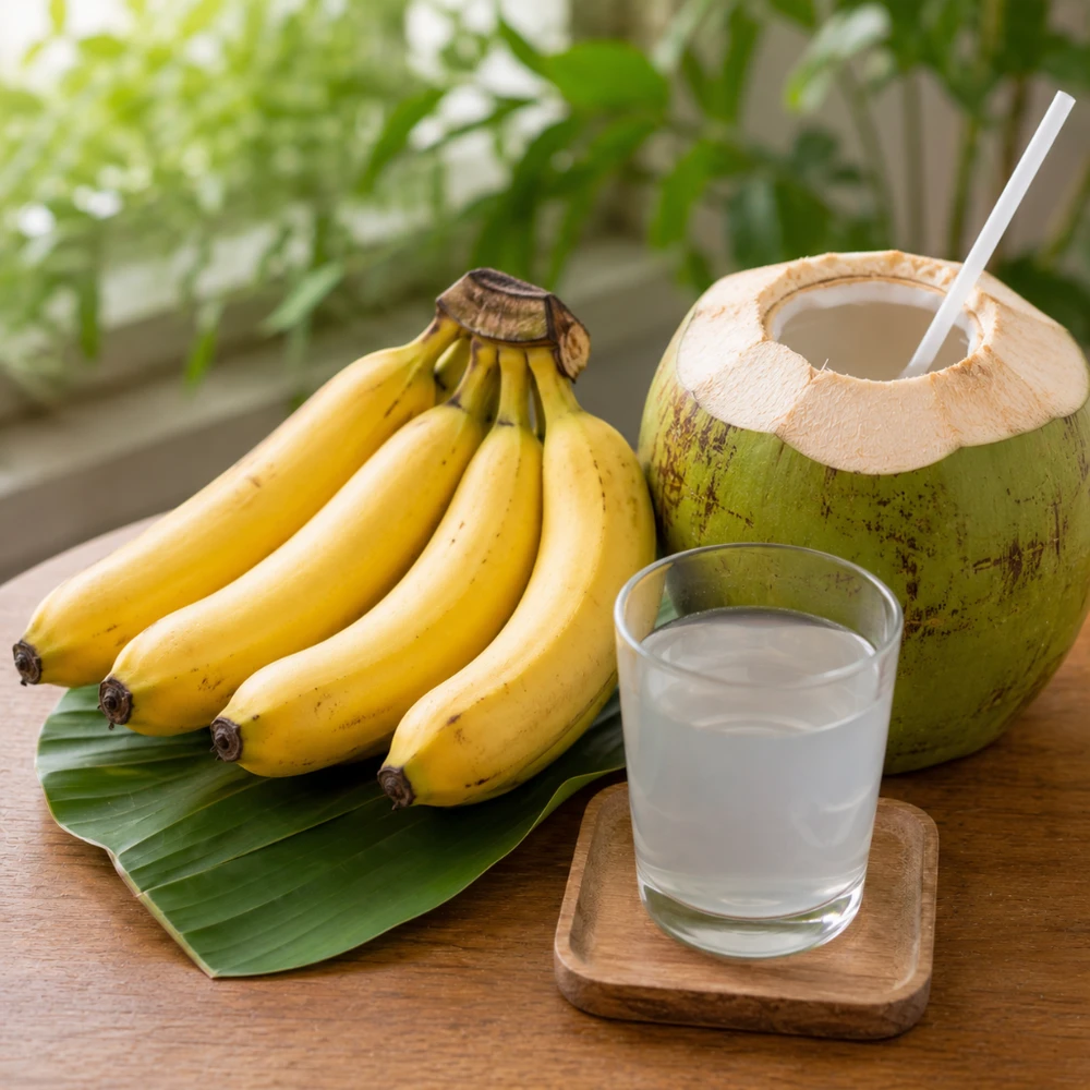 Chuối và nước dừa, bổ sung năng lượng cho người sốt xuất huyết. (Ảnh được tạo bởi AI)