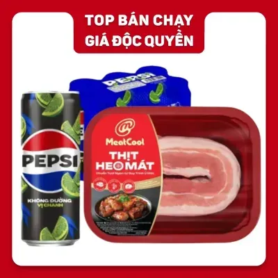 Combo ba rọi nướng & Pepsi: ba rọi heo Meatcool và lốc nước ngọt vị chanh zero calo Pepsi