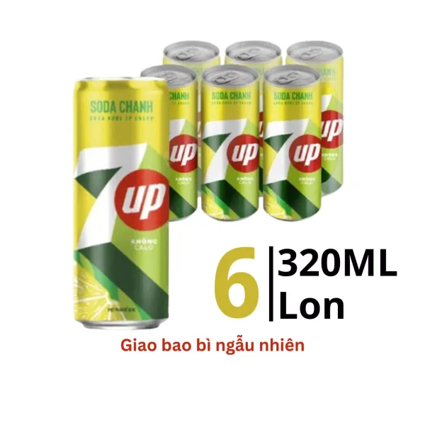 Lốc 6 lon nước ngọt 7Up soda chanh không calo 320ml
