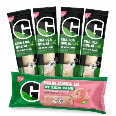 Combo 1 gói nem chua bì ớt xiêm xanh 180g và 4 gói chả lụa bì ớt xiêm xanh 50g