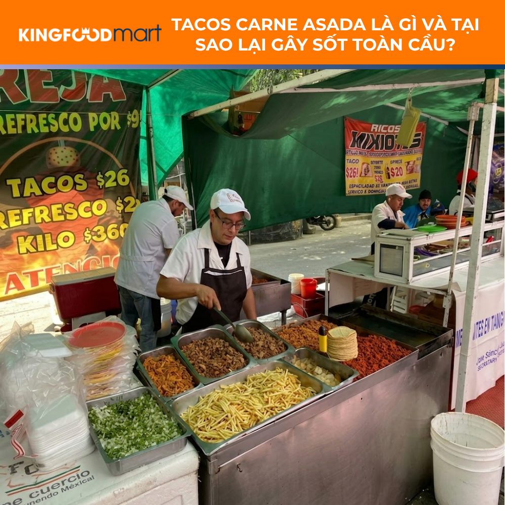 Xe đồ ăn đường phố Mexico với Tacos bò Carne Asada phóng khoáng và đầy gia vị.