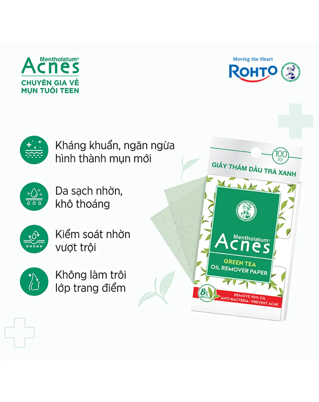 Giấy Thấm Dầu Acnes Trà Xanh Green Tea Oil Remover Paper 100 Tờ - Image 3